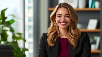 Confident and poised woman in a professional business attire smiling at the while working in a modern office setting photo