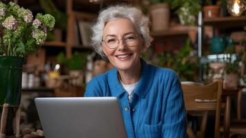 Elderly smiling woman wearing glasses and casual clothing working on a laptop in a cozy cafe setting surrounded by plants and a relaxed natural atmosphere photo