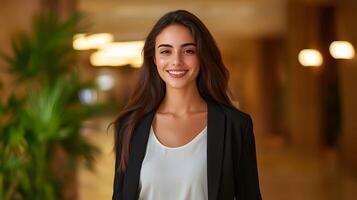 Elegant and professional young woman in a black suit confidently walking through a modern bright office lobby photo