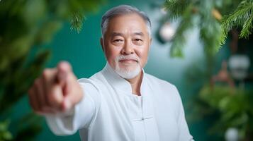 An elderly Asian man standing in a tranquil garden setting gracefully performing the controlled movements of the ancient Chinese martial art of Tai Chi with focused and serenity photo