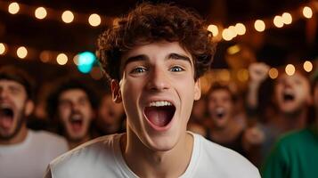 Energetic young man with an expression captivated by the atmosphere and energy of a lively music concert or performance photo
