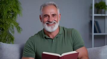 An elderly gentleman with a warm smile relaxes on a couch engrossed in reading a book and enjoying a moment of leisure and contemplation in his home photo