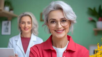 An elderly woman with glasses smiling warmly as she listens to and engages with a client during a personalized coaching or mentoring consultation in a cozy professional office setting photo