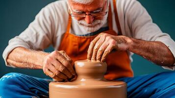 An experienced elderly potter intently shapes and molds clay on a spinning wheel demonstrating years of craftsmanship and dedication to his pursuit photo