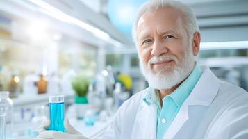 An elderly bearded scientist in a white lab coat carefully examining the contents of a glass test tube filled with a blue liquid working intently in a modern laboratory environment photo
