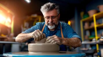 An experienced potter carefully molds and shapes clay on a spinning wheel showcasing his years of dedication and in the craft photo