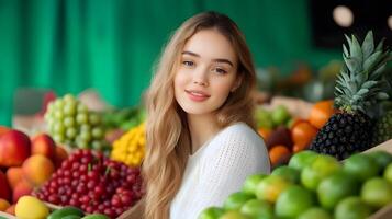 A young woman with long blonde hair is smiling as she browses the vibrant selection of fresh fruits and vegetables at an outdoor market surrounded by an abundance of colorful produce photo