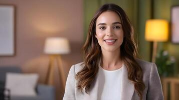 Confident and smiling professional woman giving a presentation in a modern corporate office boardroom setting using a laptop and making eye contact with the photo