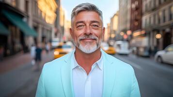 Confident mature businessman in a suit and tie walking confidently through a busy urban city street photo
