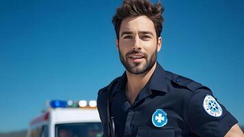 Determined paramedic in uniform hurrying to respond to an urgent medical emergency with the ambulance in the background photo