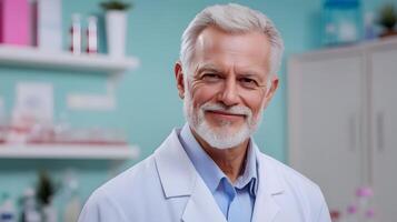 Experienced and dedicated medical researcher in a laboratory setting closely examining various lab samples with a thoughtful and professional demeanor photo