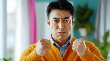 Close up portrait of an angry looking Asian man clenching his fists tightly displaying an intense and determined facial expression set against a colorful indoor background photo