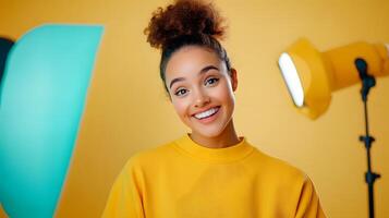 Cheerful and confident woman with curly hair filming content in a vibrant studio environment reflecting the energy and creativity of a social media influencer photo