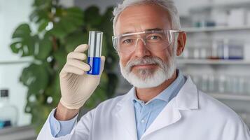 Experienced senior scientist in a white lab coat carefully examining the contents of a glass test tube in a well equipped laboratory focused on his research and scientific photo