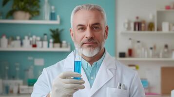 Experienced senior scientist wearing a white coat and focusing intently on a test tube while working in a well equipped medical laboratory setting photo