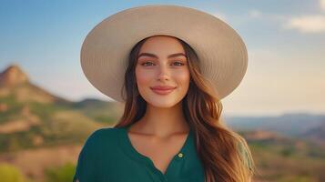 A young woman standing in a vast arid desert landscape wearing a wide brimmed hat and gazing out at the scenic mountainous horizon photo
