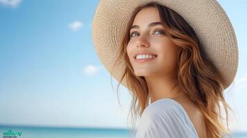 A young woman wearing a wide brimmed hat stands on a beach looking out towards the serene ocean horizon with a tranquil expression on her face photo