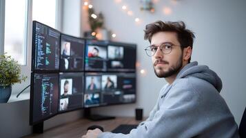 Cybersecurity expert intensely focused on monitoring and analyzing digital systems and networks across multiple computer screens in a professional workspace photo
