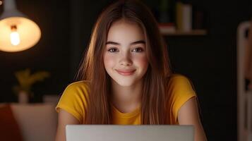 Cheerful female student working on a laptop in her relaxed home environment as she develops her coding skills and explores new technological opportunities photo