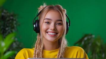 Cheerful female influencer recording content for social media in a studio with a green screen background photo