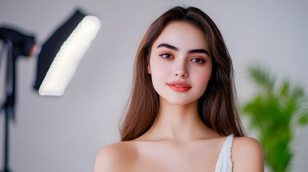 Elegant fashion model posing confidently in a clean minimalist studio environment with soft natural lighting photo