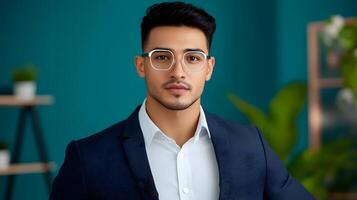 Confident young businessman wearing a navy blue suit and stylish eyeglasses standing in a modern office setting photo