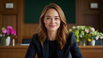 Confident and well dressed professional woman delivering a presentation in a formal boardroom setting with elegant decor and flowers photo