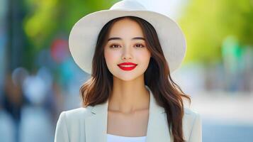 Confident and fashionable woman in a stylish ensemble strolling through the vibrant city streets exuding an air of sophistication and allure photo