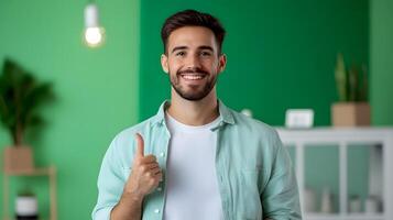 Confident and enthusiastic young professional presenting innovative business ideas on a digital smartboard in a modern office setting photo