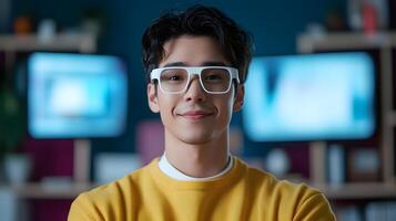 Confident young tech entrepreneur in a modern digitally equipped office surrounded by computer displays and technology representing innovation and leadership in the startup industry photo