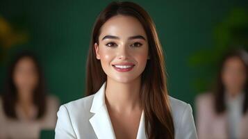 Confident and successful businesswoman delivering an engaging presentation to her team in a modern corporate boardroom setting photo