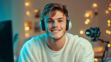 Cheerful young man streaming live from his cozy bedroom setup focused on his gaming session and surrounded by audio visual equipment photo