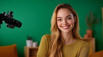 Cheerful and confident young woman a social media influencer filming a for her online channel in a studio setting with a green screen background photo