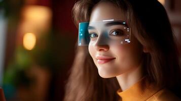 Confident businesswoman utilizing a cutting edge augmented reality technology interface to access digital information and analysis tools in the workplace photo