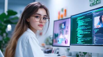 A young woman intensely focused on coding and programming at a modern tech enabled workstation with multiple screens displaying digital information photo