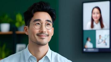 Portrait of a confident professional Asian businessman the CEO of a tech startup standing in a modern bright office with digital displays and a calm collaborative workspace photo
