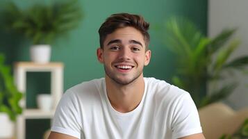 Portrait of a young confident entrepreneur smiling and discussing a startup idea in a modern green accented office space photo