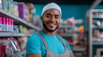 Retail manager in a store arranging and products on the shelves to maintain an organized and presentable inventory photo