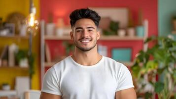 Portrait of a young energetic businessman standing confidently in a modern open plan office space surrounded by plants and shelves suggesting a dynamic and creative work atmosphere photo