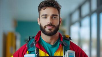 Paramedic wearing a red and teal uniform ready to provide medical assistance and respond to an urgent situation photo