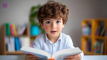 Young boy engrossed in a book his face filled with a thoughtful inquisitive expression as he explores new knowledge and ideas photo