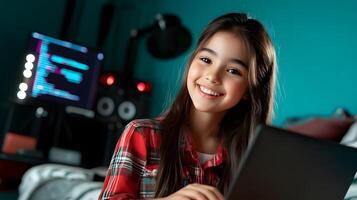 Smiling young woman intently focused on learning programming and coding skills on her laptop in a cozy vibrant bedroom setting photo