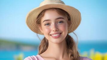 Young woman with a wide brimmed hat smiling as she takes a selfie against a picturesque ocean and coastal landscape photo