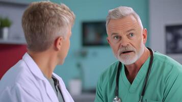 Two doctors one elderly and one younger engaged in a serious discussion about a patient s diagnosis in a well equipped medical office setting photo