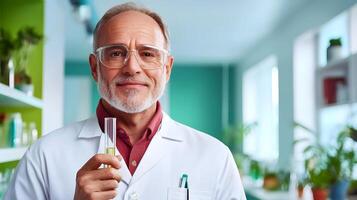 Mature male scientist in a white lab coat holding a glass test tube standing in a well equipped laboratory environment photo