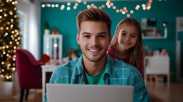 Two young students a boy and a girl studying together on a laptop at a home desk decorated for the Christmas holiday season photo