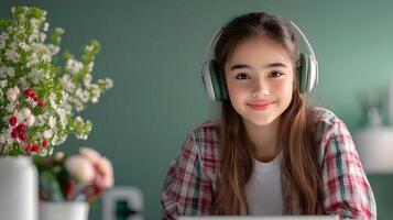 Smiling young woman studying online while sitting at a tidy organized desk in a cozy bright home environment photo