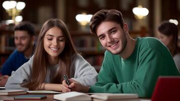 Two smiling students studying and working together on their assignments in a cozy university library setting photo