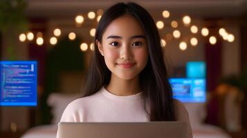 Smiling young Asian woman sitting at a laptop focused on coding or programming in the comfort of her bedroom with soft lighting in the background photo