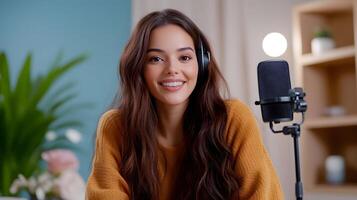 Smiling young woman recording a podcast or online show in her home studio setup surrounded by audio gear and a professional microphone photo